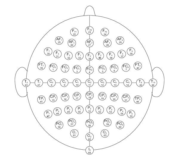Distribution of electrodes in the 64-channel EEG headset used for the PhysioNet dataset